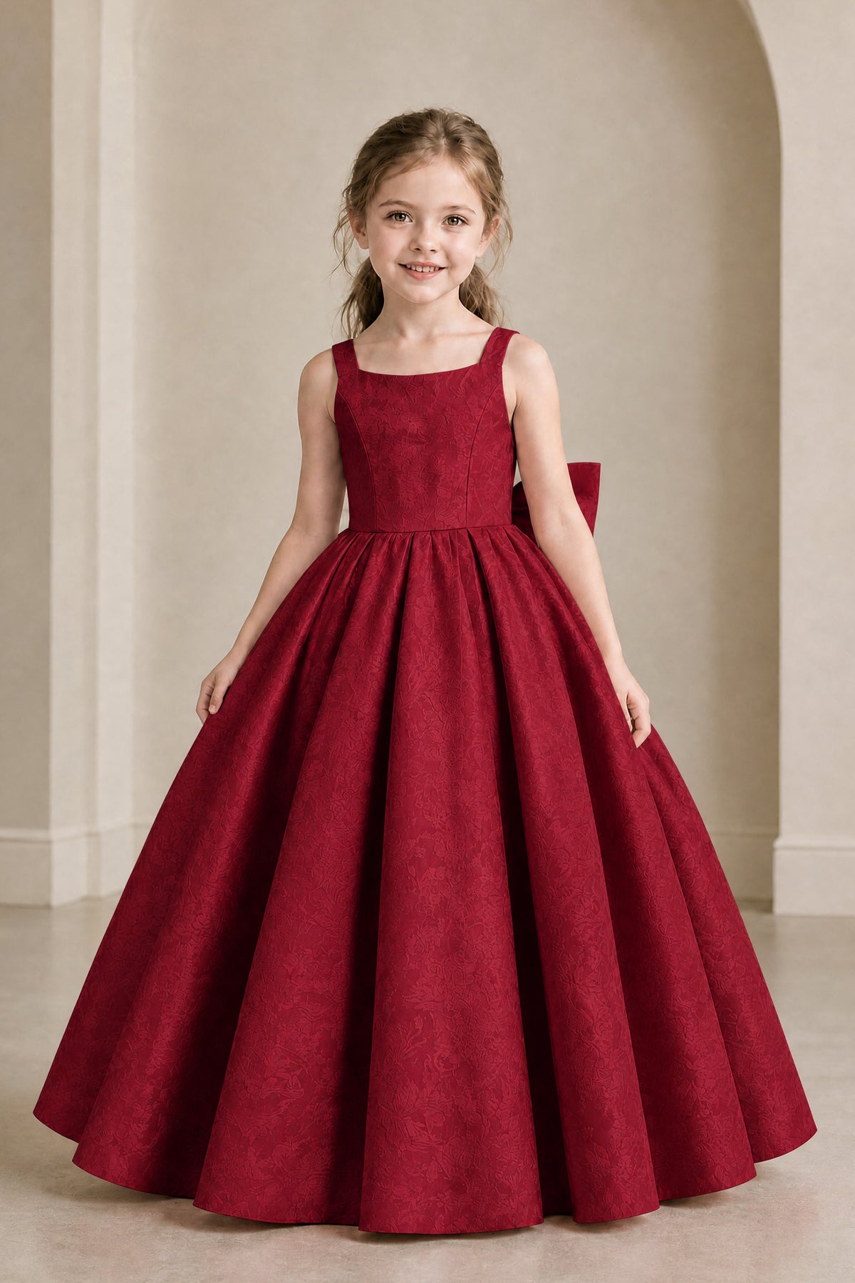 BOLODOO Burgundy Girls' A-Line Flower Girl Dress with Back Bow - Burgundy