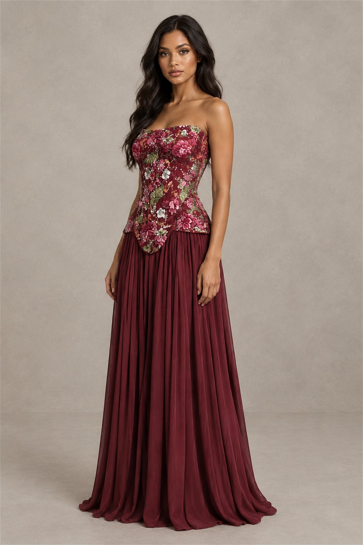 BOLODOO Burgundy Strapless Floral Beaded Chiffon Maxi Dress - Burgundy