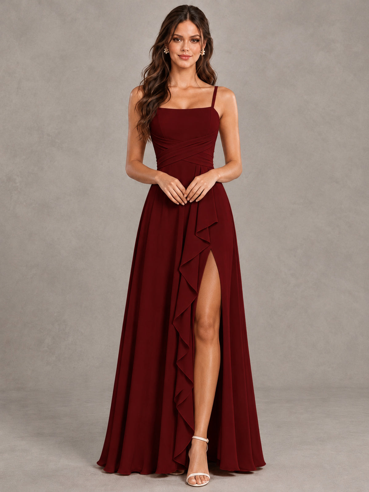 BOLODOO Burgundy Spaghetti Strap Ruffle Bridesmaid Dress with Slit - Burgundy - Burgundy (4)