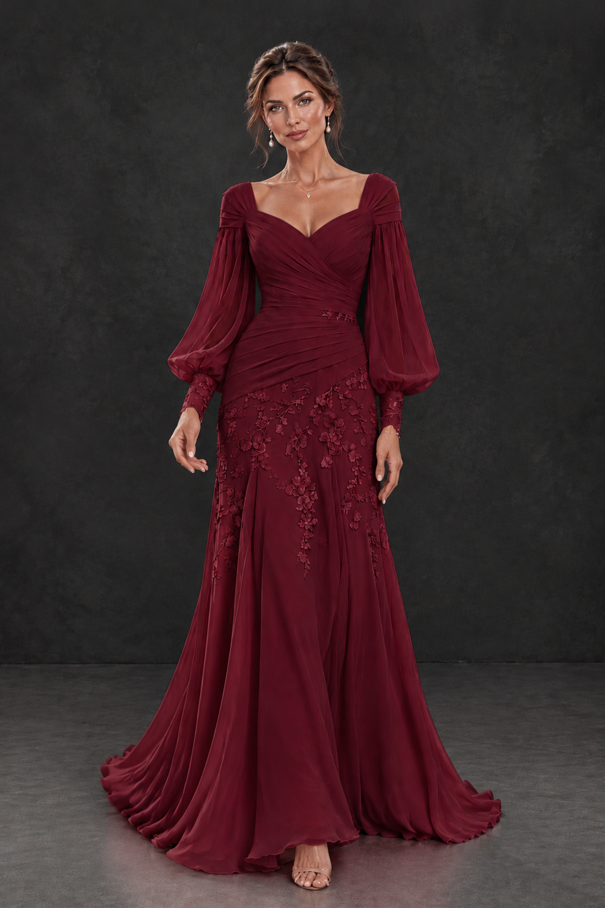 BOLODOO Burgundy Long Sleeve Mother of the Bride Dress with Floral Appliqués - Burgundy - Burgundy (4)