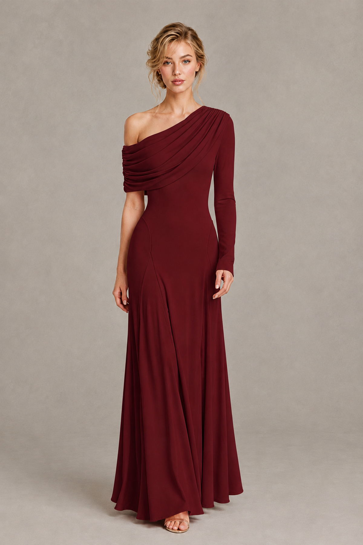 BOLODOO Burgundy Asymmetric Draped Long Sleeve Evening Gown - Burgundy