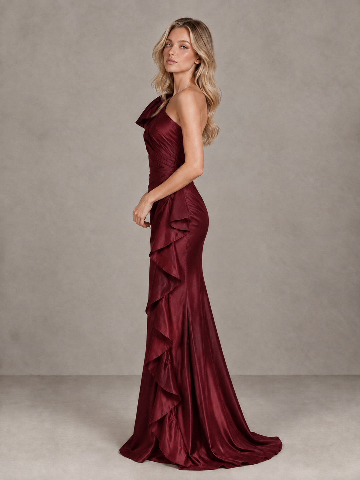 BOLODOO Burgundy One-Shoulder Satin-Look Mermaid Evening Dress with Ruffles - Burgundy - Burgundy (4)