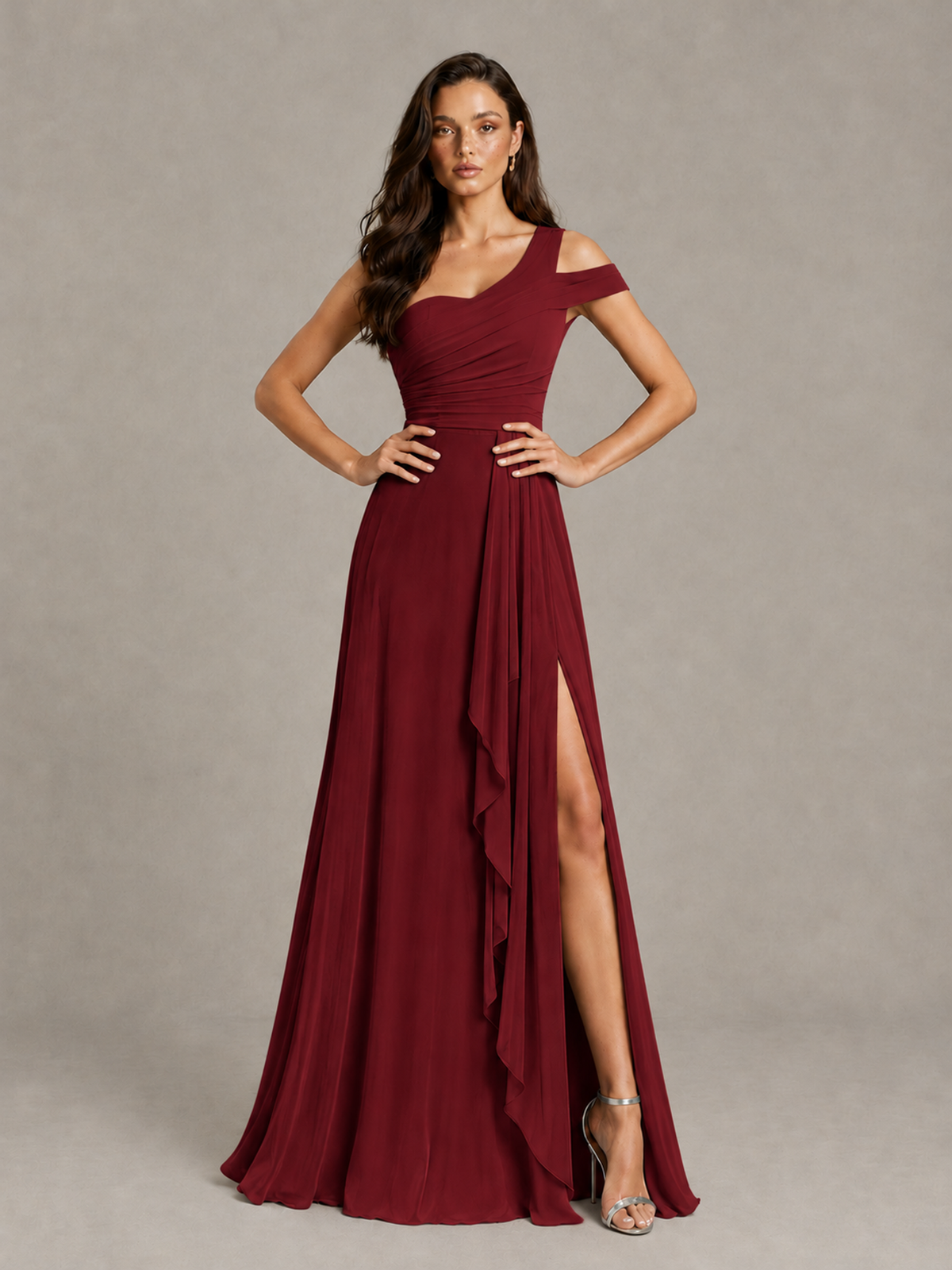 BOLODOO Burgundy One-Shoulder Bridesmaid Dress with Side Slit - Burgundy - Burgundy (4)