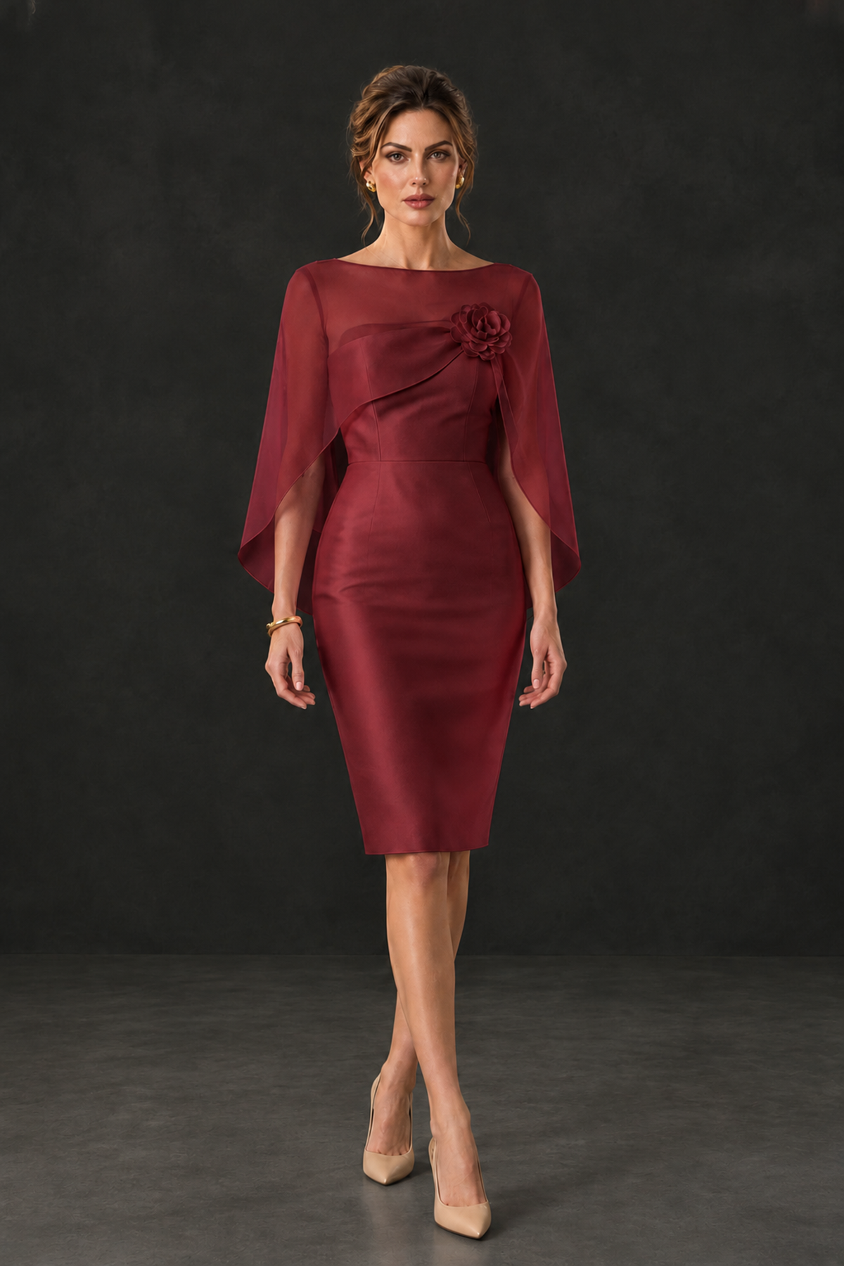 BOLODOO Burgundy Cape Knee-Length Mother of the Bride Dress - Burgundy - Burgundy (4)