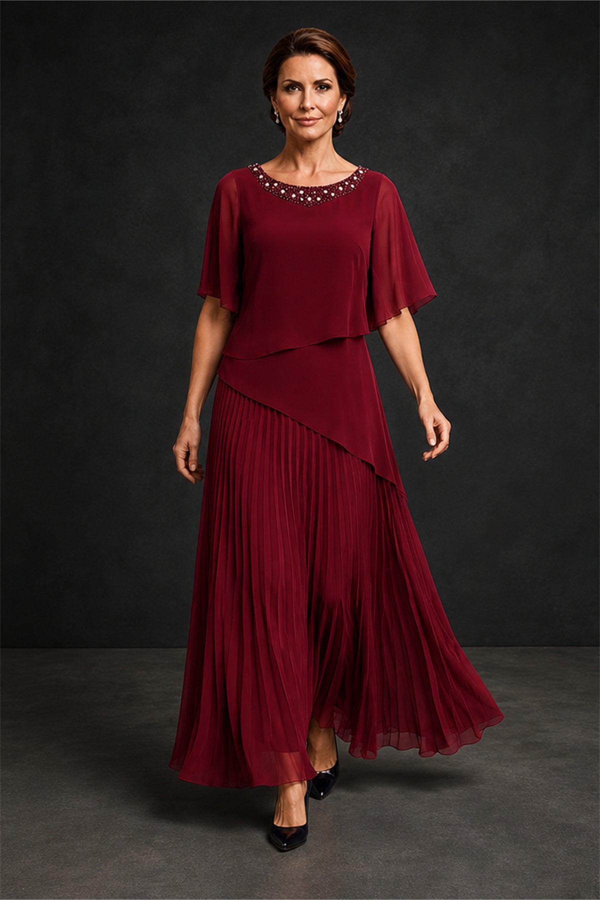 BOLODOO Burgundy Pearl Beaded Neck Asymmetric Tiered Flutter Sleeve Pleated Chiffon Maxi Dress - Burgundy
