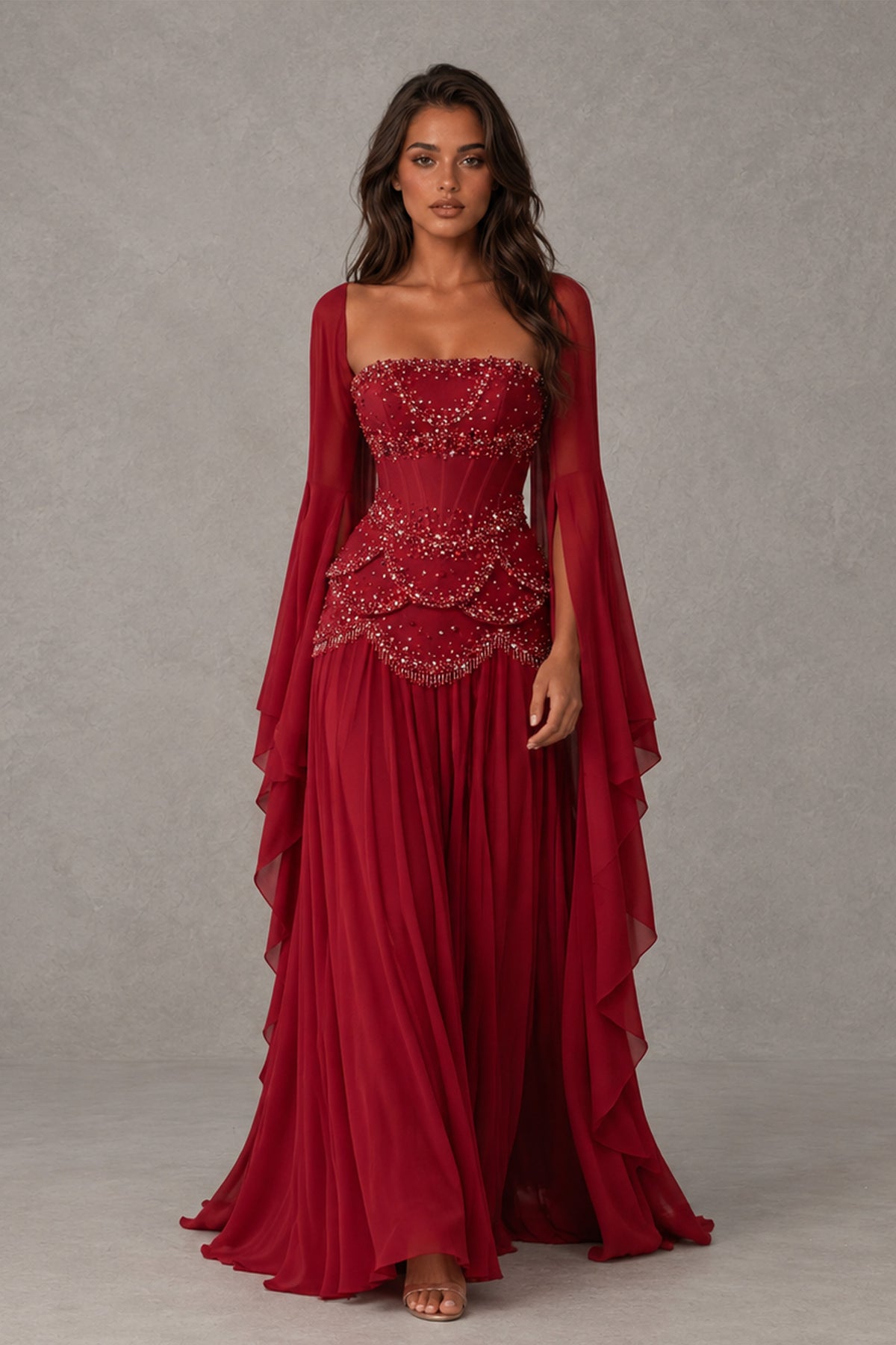 BOLODOO Burgundy Embellished Corset Gown with Long Bell Sleeves - Burgundy