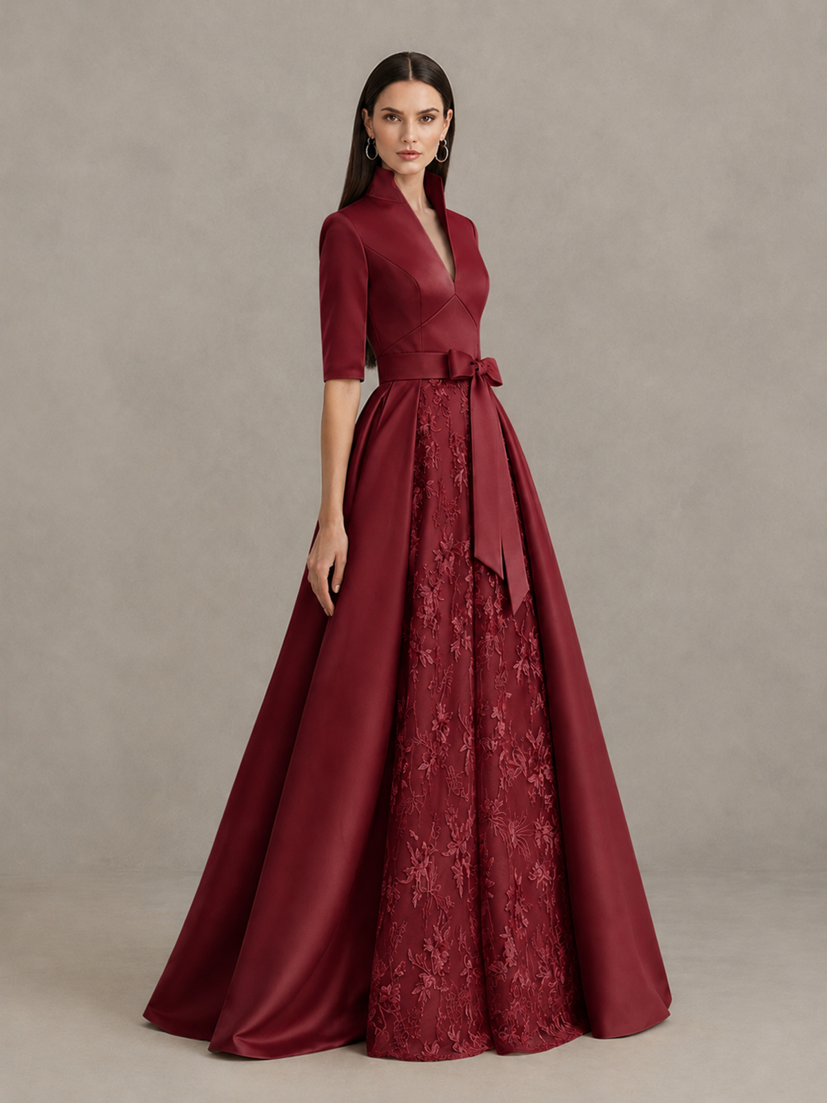 BOLODOO Burgundy Stand Collar Bow Waist Floral Embroidered Evening Gown - Burgundy - Burgundy (4)