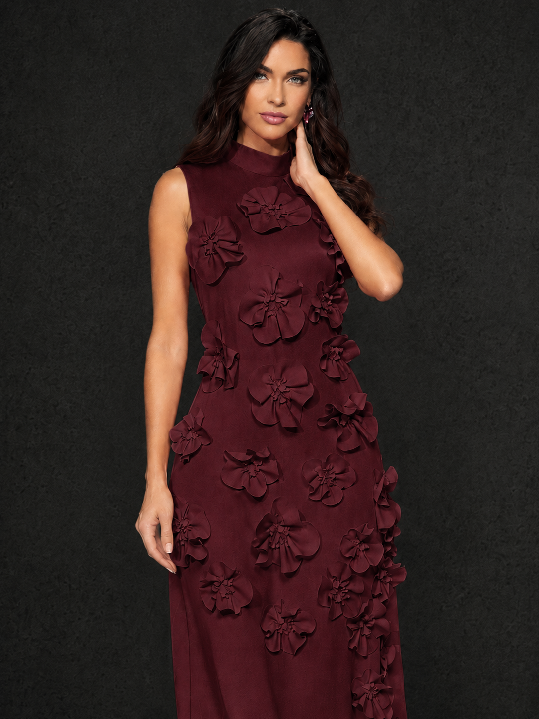 BOLODOO Burgundy Mock Neck Sleeveless 3D Floral Appliqué Maxi Dress with Bow Back - Burgundy