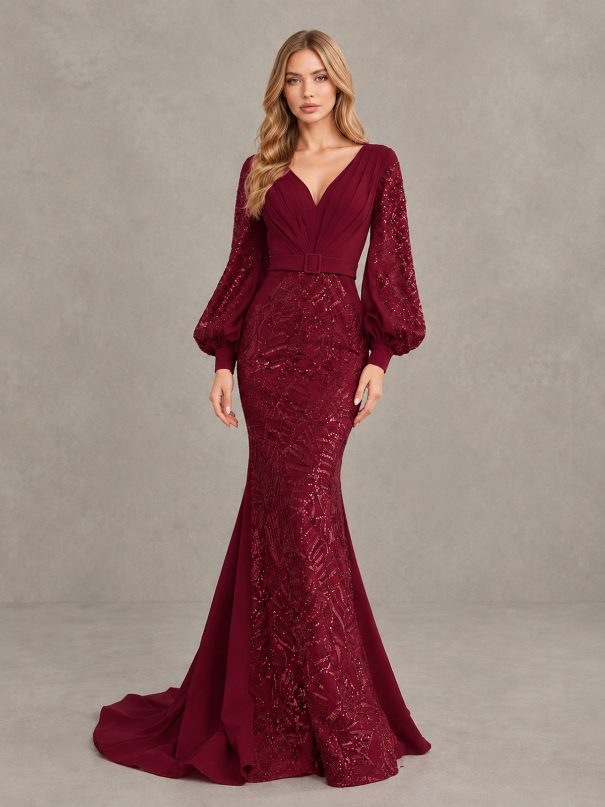 BOLODOO Burgundy Sequin Long Bishop Sleeve Mermaid Evening Dress - Burgundy - Burgundy (4)