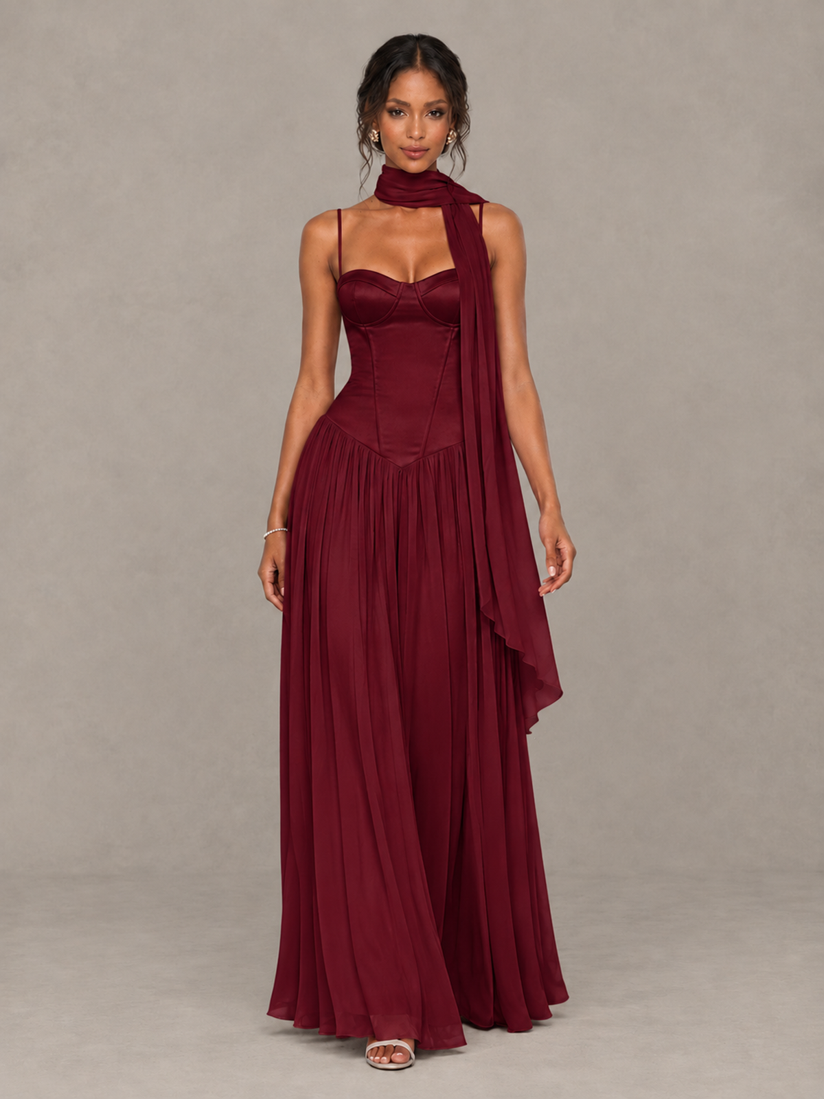 BOLODOO Burgundy Corset Bridesmaid Dress with Scarf - Burgundy - Burgundy (4)