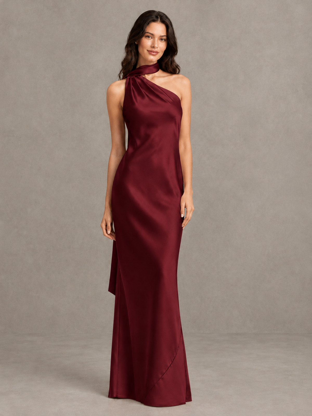 BOLODOO Burgundy Satin One-Shoulder Bridesmaid Dress with Open Back - Burgundy - Burgundy (4)