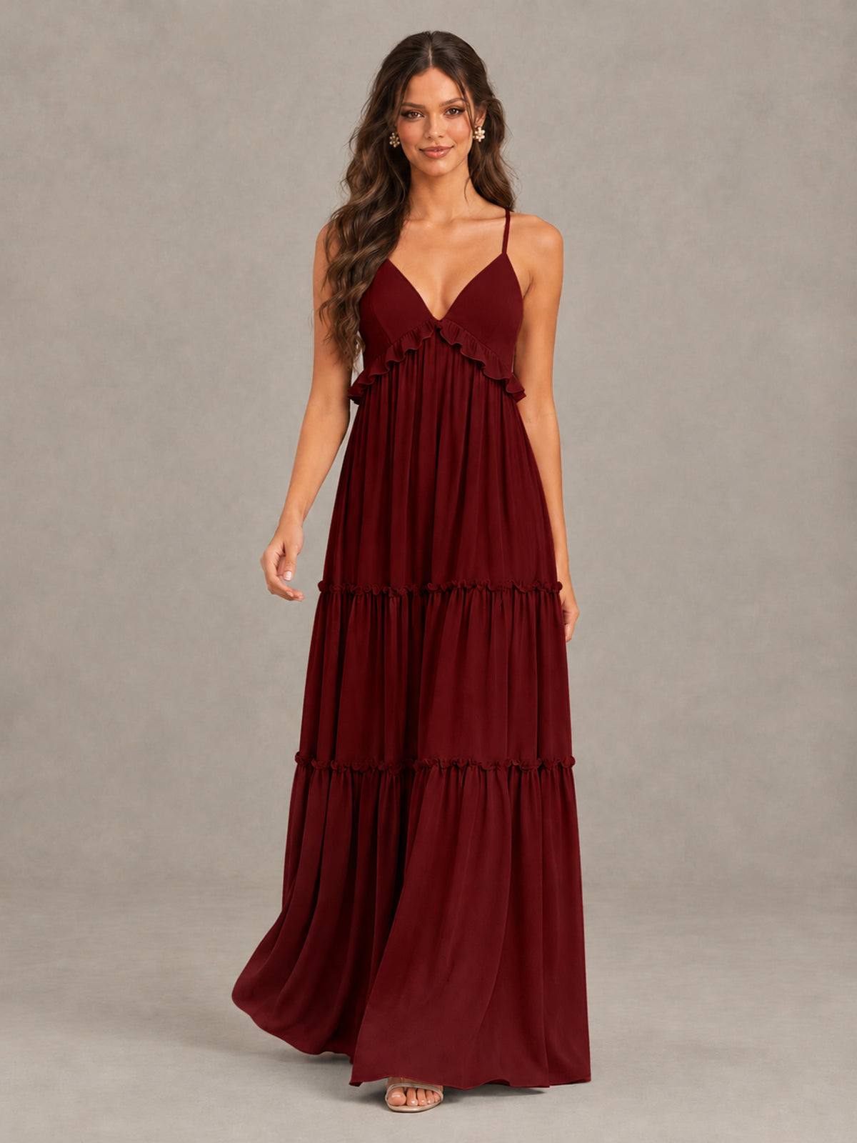 BOLODOO Burgundy Tiered V-Neck Lace-Up Back Bridesmaid Dress - Burgundy - Burgundy (4)