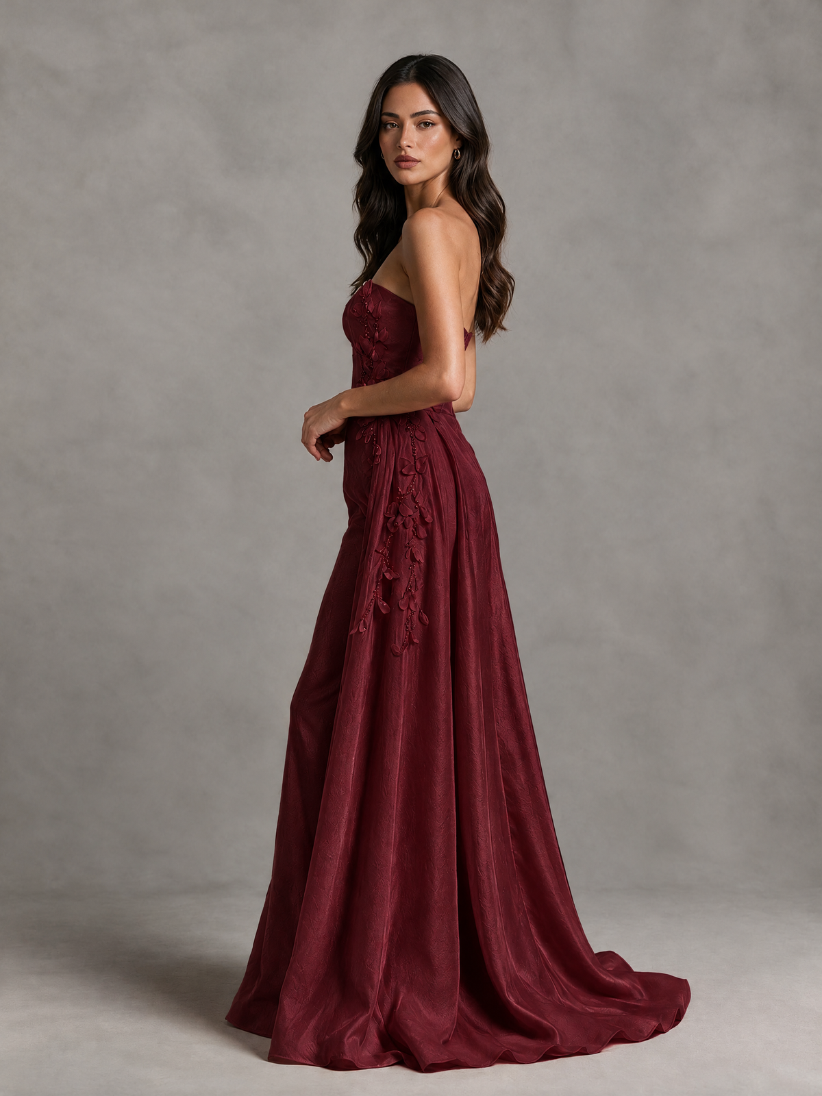 BOLODOO Burgundy Strapless Floral Applique Prom Dress with Overskirt - Burgundy - Burgundy (4)