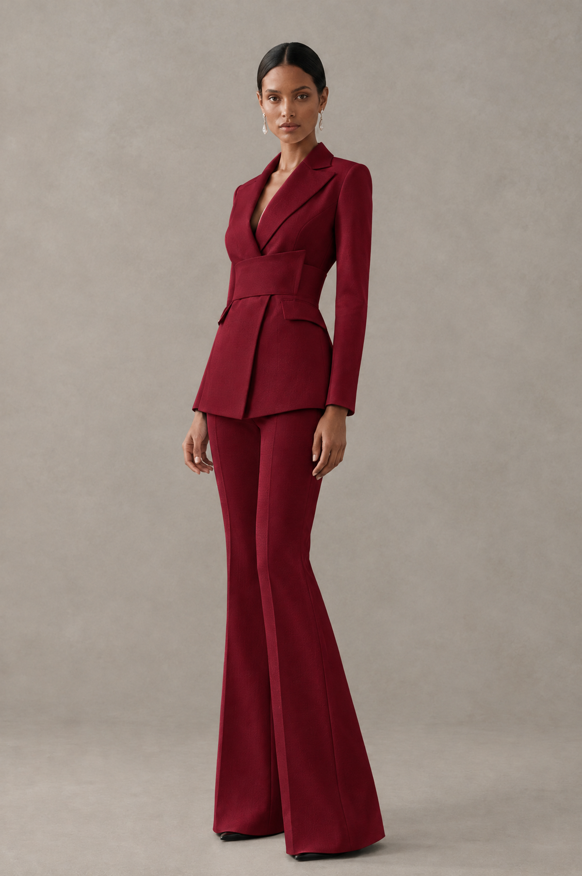 BOLODOO Burgundy Two-Piece Pantsuit with Tailored Blazer & Flared Pants - Burgundy - Burgundy (4)