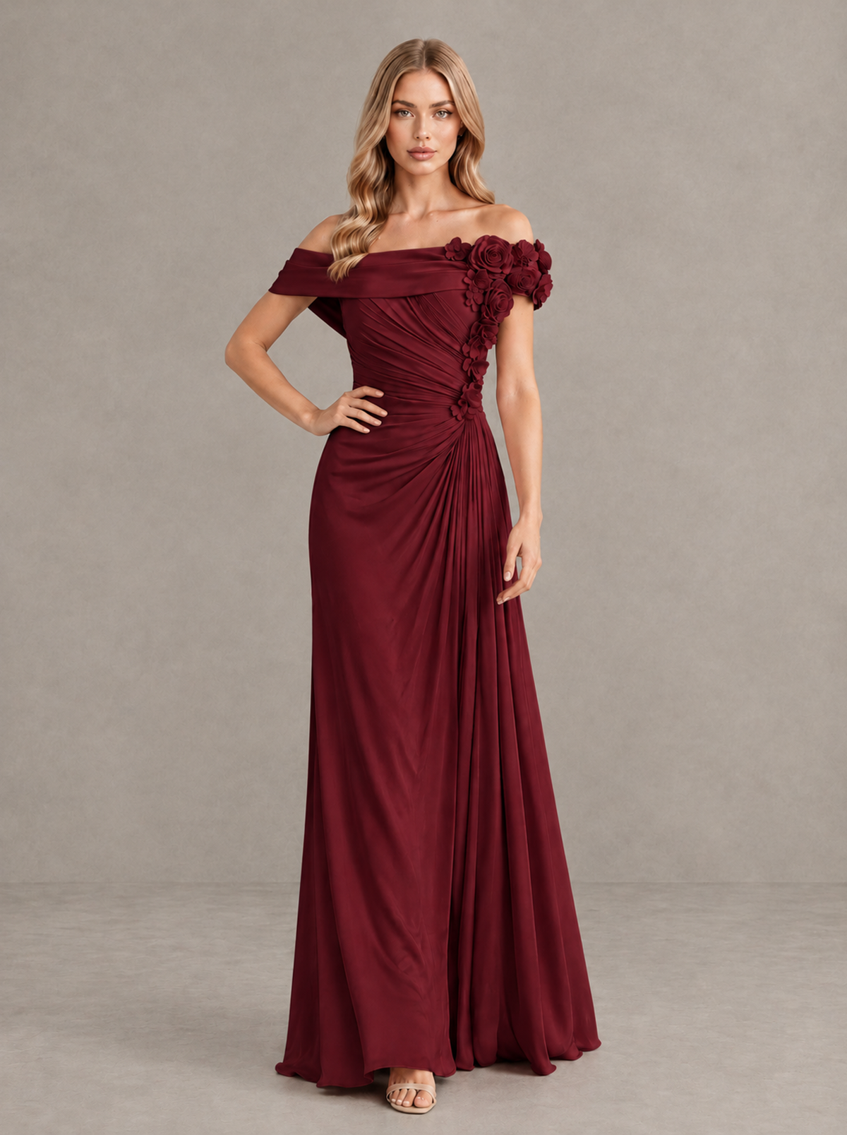 BOLODOO Burgundy Off-Shoulder Floral Applique Wedding Guest Maxi Dress - Burgundy - Burgundy (4)