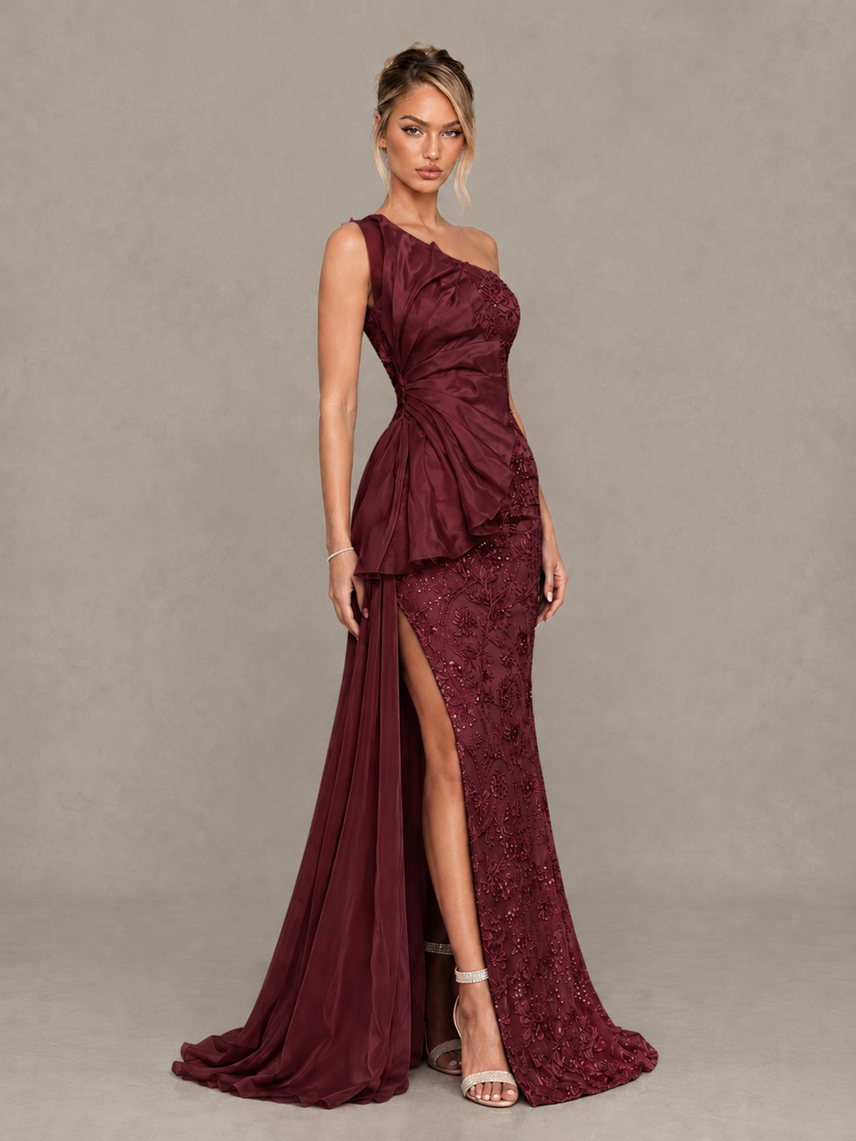 BOLODOO Burgundy One-Shoulder Floral Lace Evening Gown with High Slit - Burgundy - Burgundy (4)
