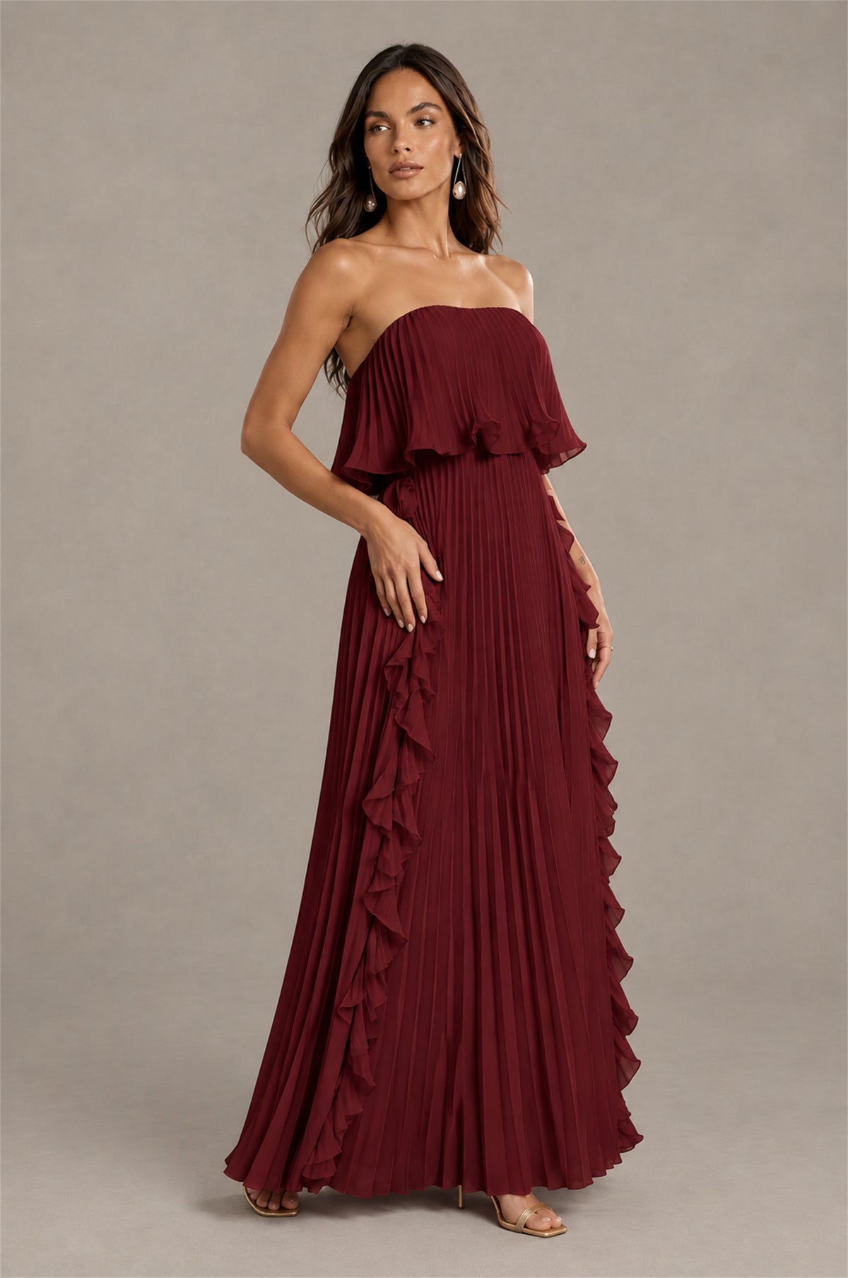 BOLODOO Burgundy Strapless Ruffle Bodice Dual Cascading Ruffle Accordion Pleated Chiffon Maxi Dress - Burgundy
