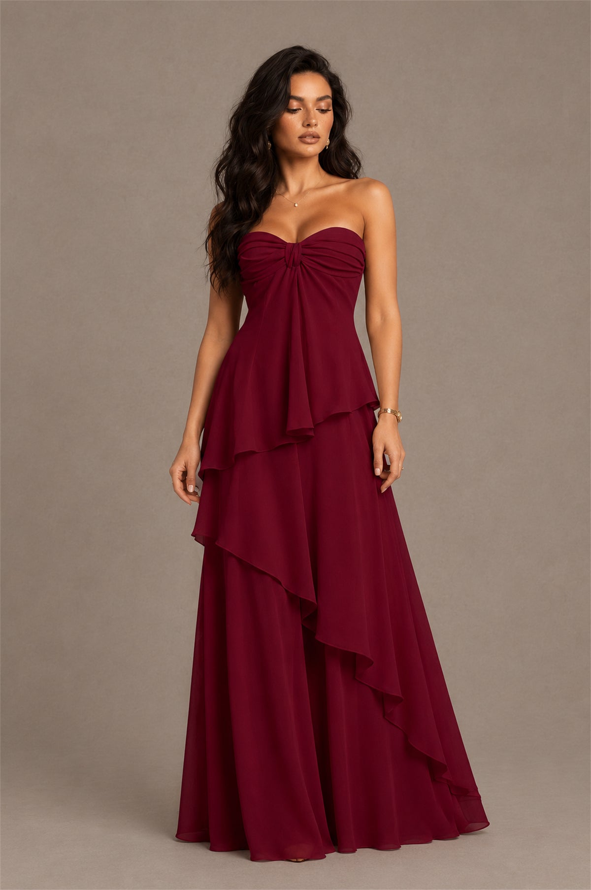BOLODOO Burgundy Strapless Sweetheart Knotted Chiffon Tiered Maxi Dress with Lace-Up Back - Burgundy