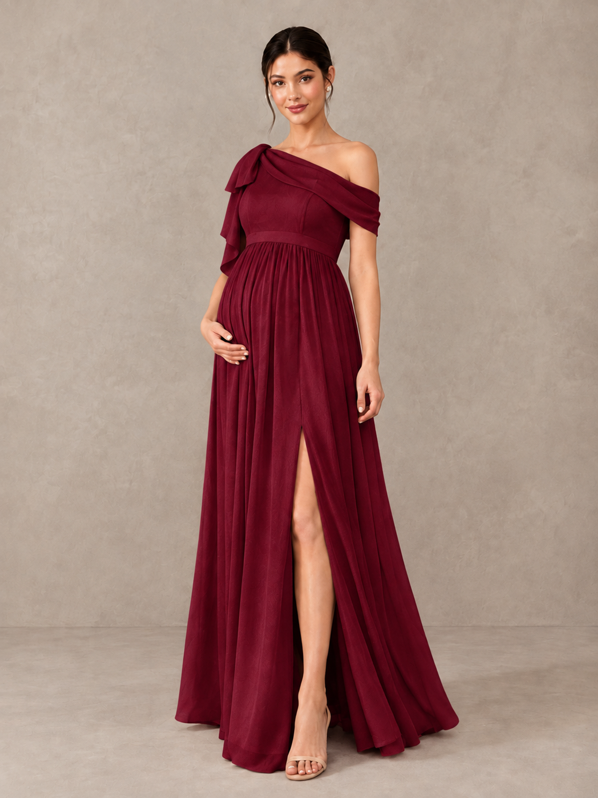 BOLODOO Burgundy One-Shoulder Maternity Bridesmaid Dress with Slit - Burgundy - Burgundy (4)