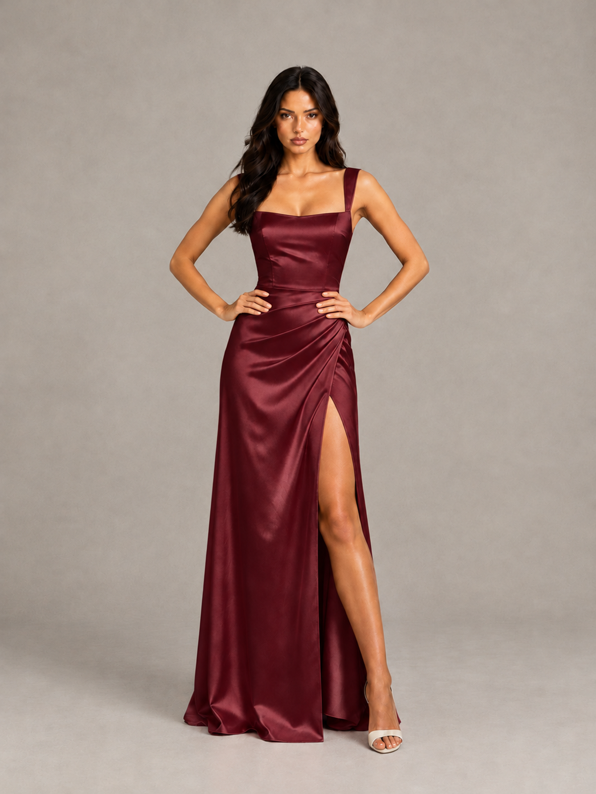 BOLODOO Burgundy Satin Lace-Up Bridesmaid Dress with Slit - Burgundy - Burgundy (4)