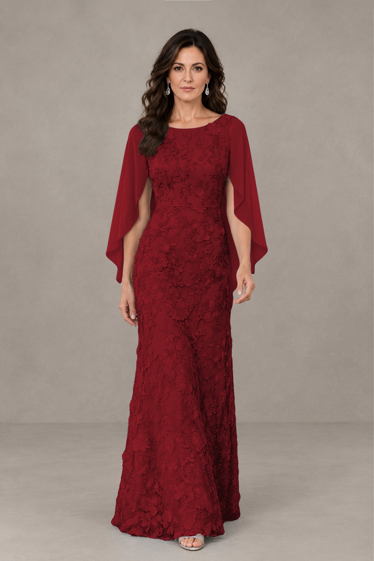 BOLODOO Burgundy Lace Mother of the Bride Dress with Cape Sleeves - Burgundy