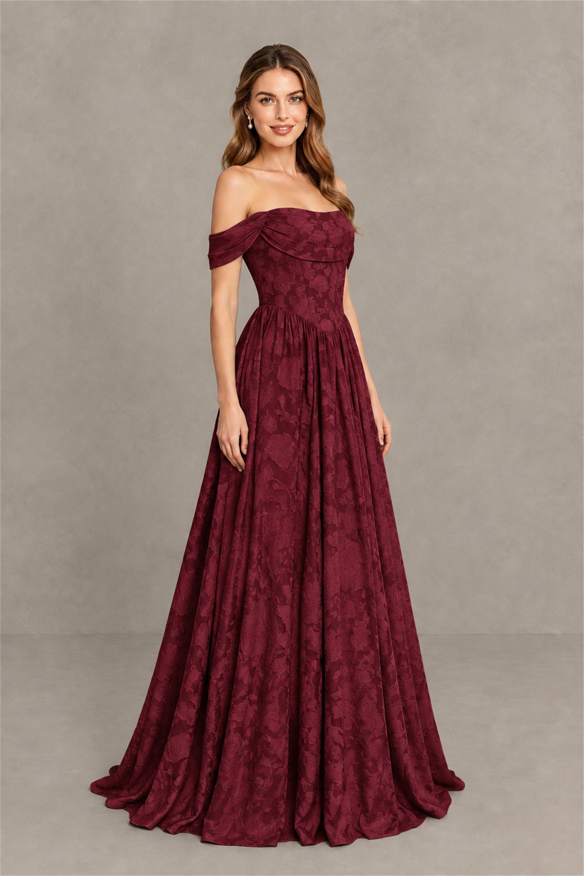 BOLODOO Burgundy Off-Shoulder Floral A-Line Maxi Dress - Burgundy
