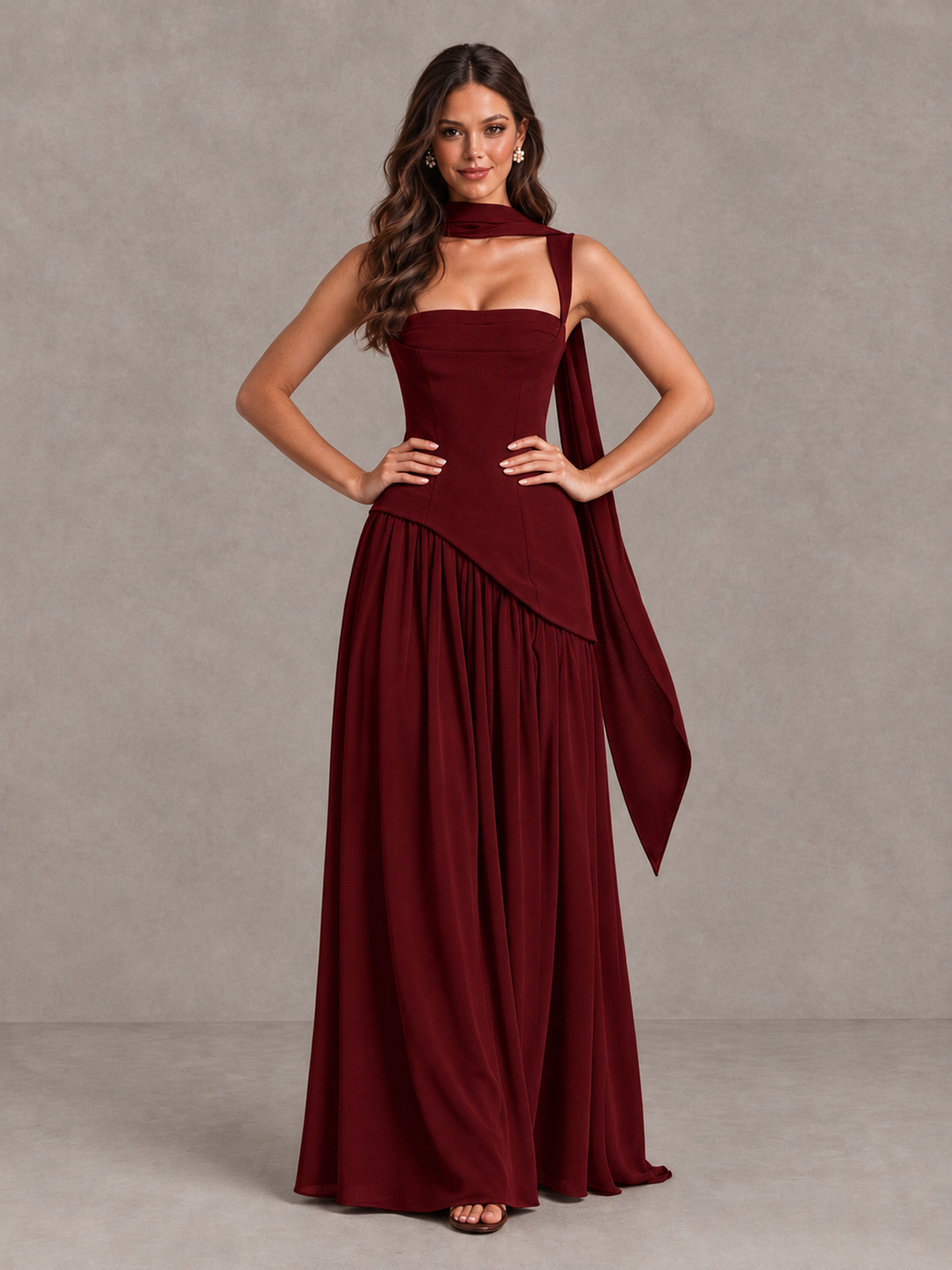 BOLODOO Burgundy Brown Scarf Bridesmaid Dress with Lace-Up Back - Burgundy - Burgundy (4)