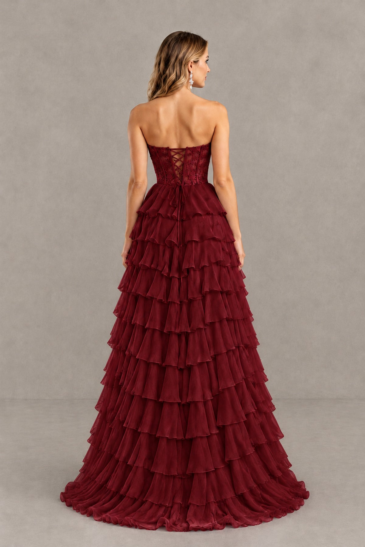 BOLODOO Burgundy Strapless Lace Corset Tiered Ruffle Prom Dress with Slit - Burgundy - Burgundy (4)