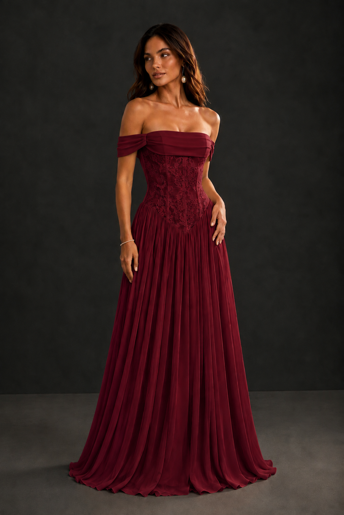 BOLODOO Burgundy Off-Shoulder Lace Corset Tulle Maxi Dress - Burgundy