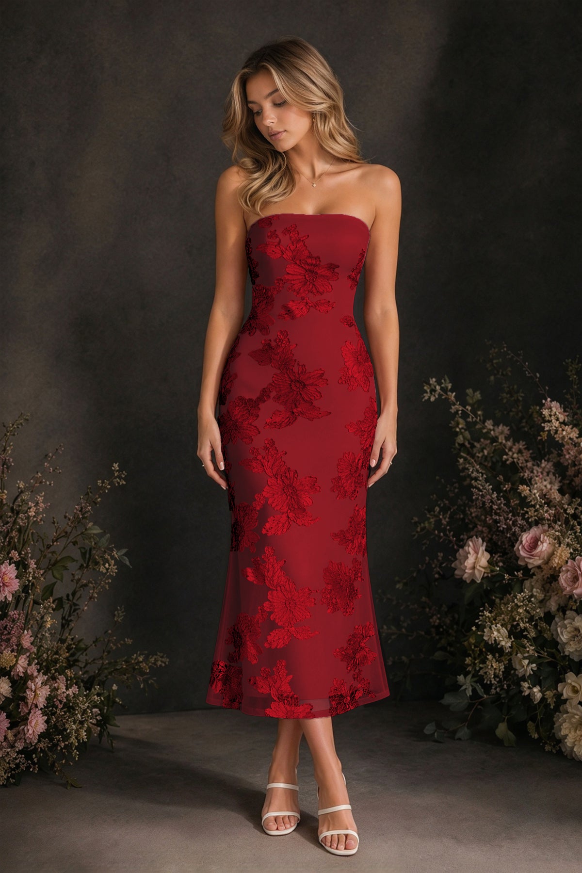 BOLODOO Burgundy Tonal Floral Embroidered Mesh Strapless Open Back Bodycon Midi Tea Length Dress - Burgundy