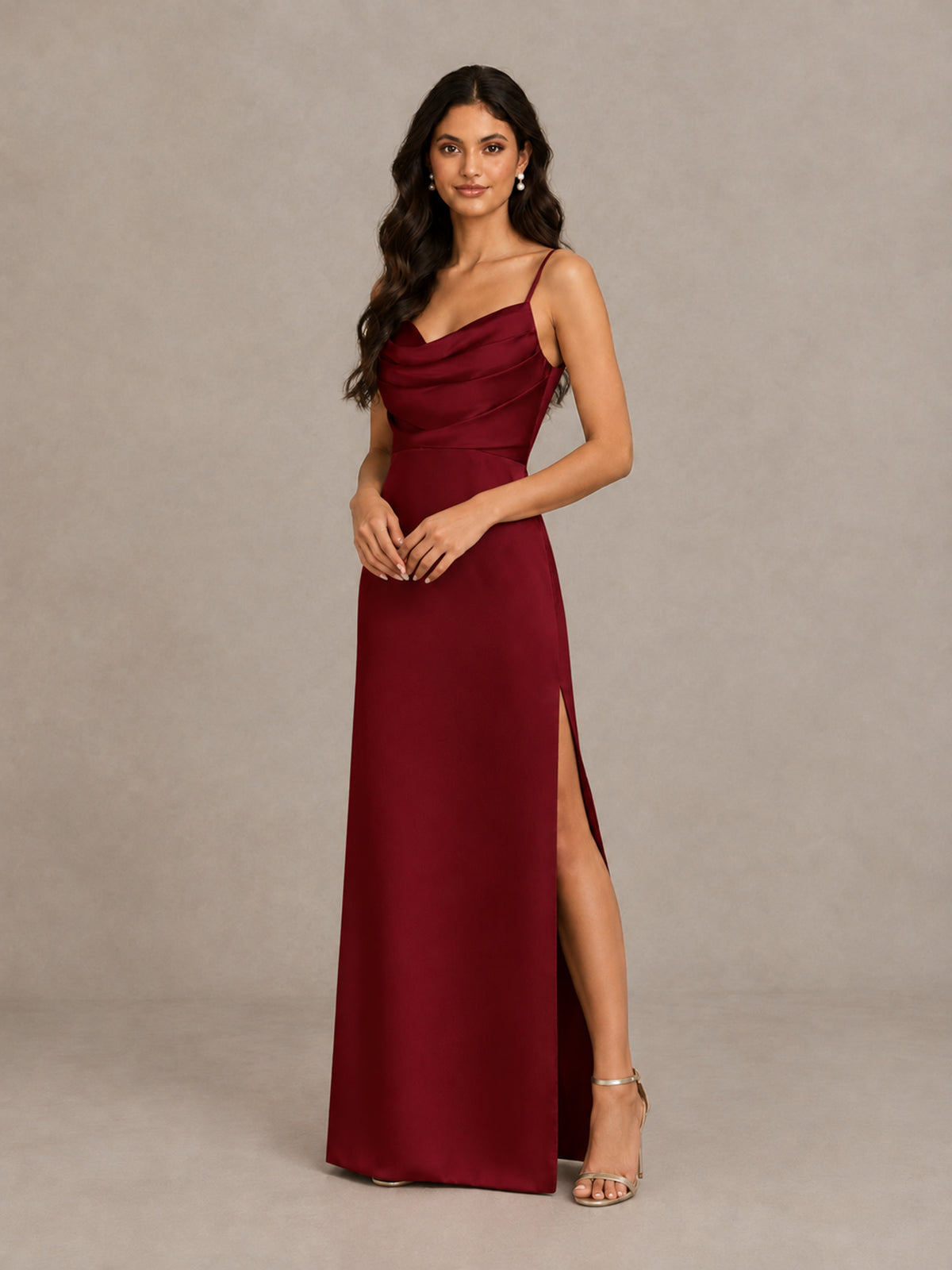 BOLODOO Burgundy Cowl Neck Satin Bridesmaid Dress with Slit - Burgundy - Burgundy (4)