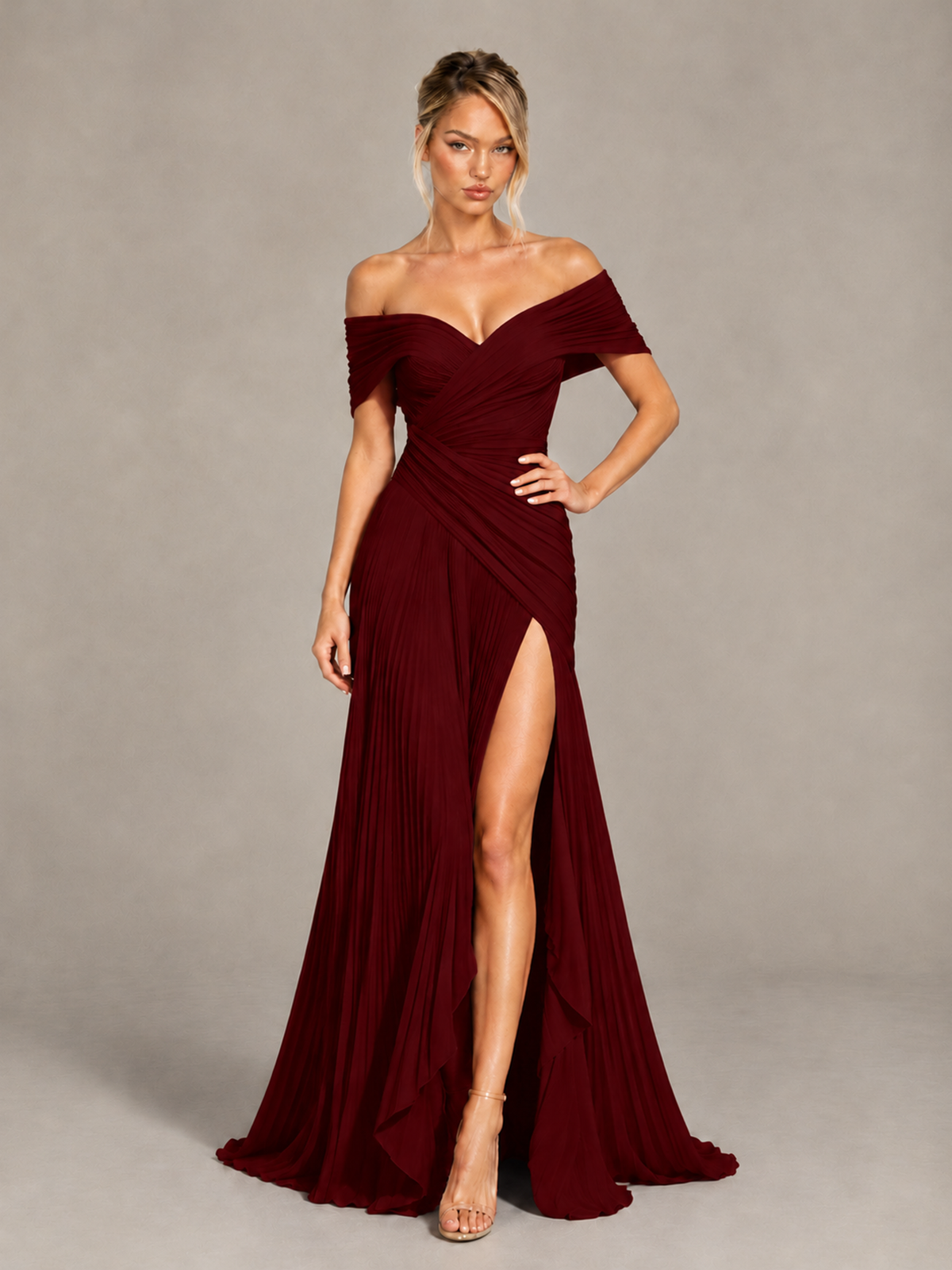 BOLODOO Burgundy Off-Shoulder Ruched Pleated Maxi Dress with High Slit - Burgundy - Burgundy (4)
