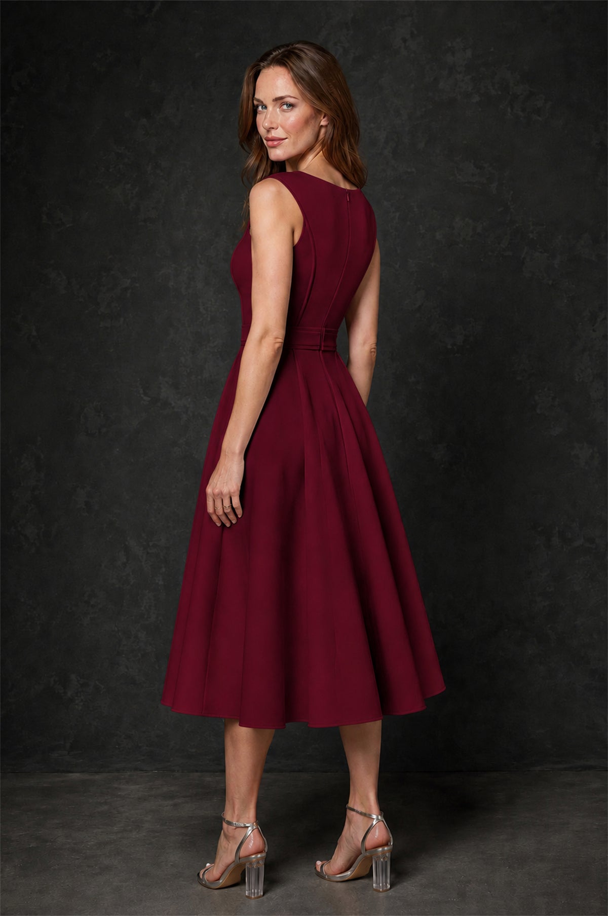 BOLODOO Burgundy 3D Rosette Appliqué 3/4 Sleeve Jacket & V-Notch Sleeveless A-Line Tea-Length Two-Piece Dress Set - Burgundy