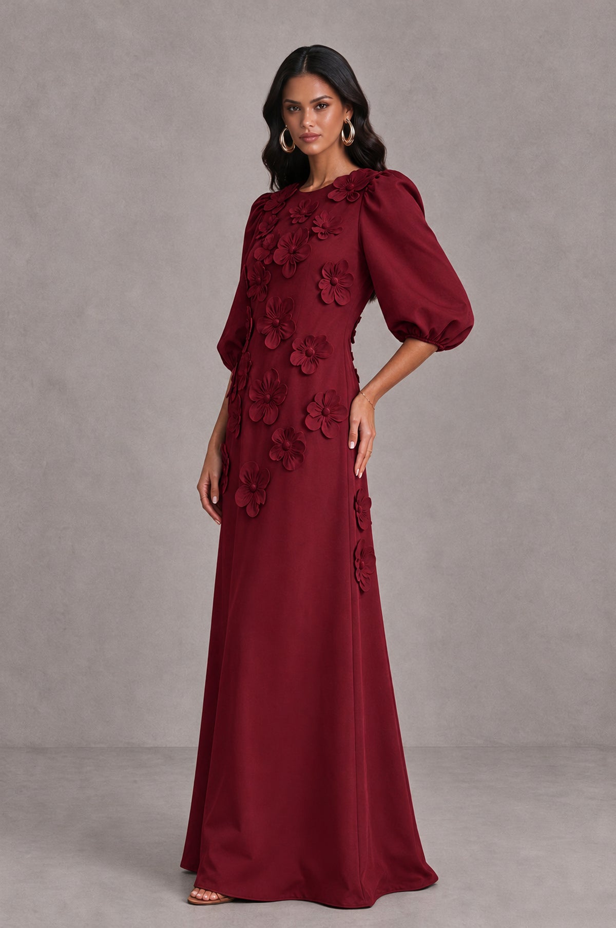 BOLODOO Burgundy Floral Applique Puff Sleeve A-Line Evening Dress - Burgundy - Burgundy (4)