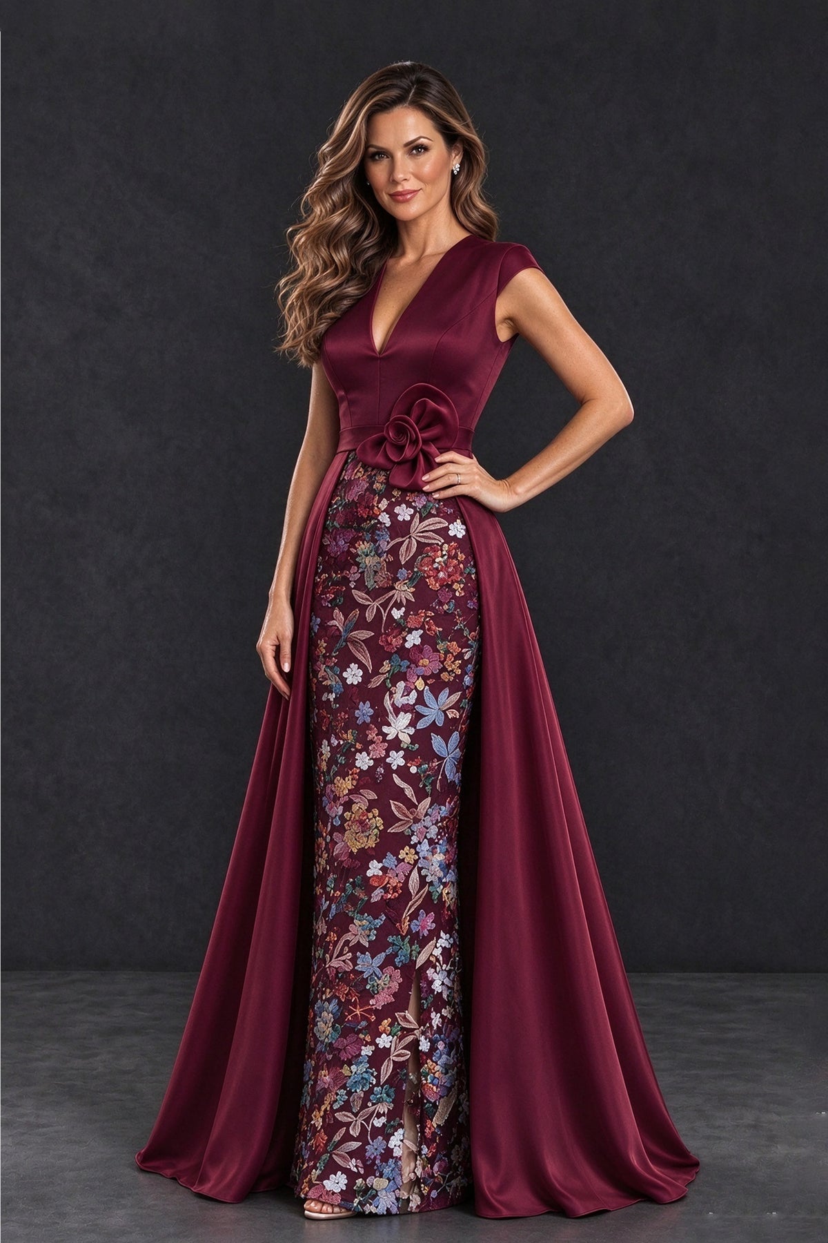 BOLODOO Burgundy Satin and Lace V-Neck Mother of the Bride Dress - Burgundy - Burgundy (4)