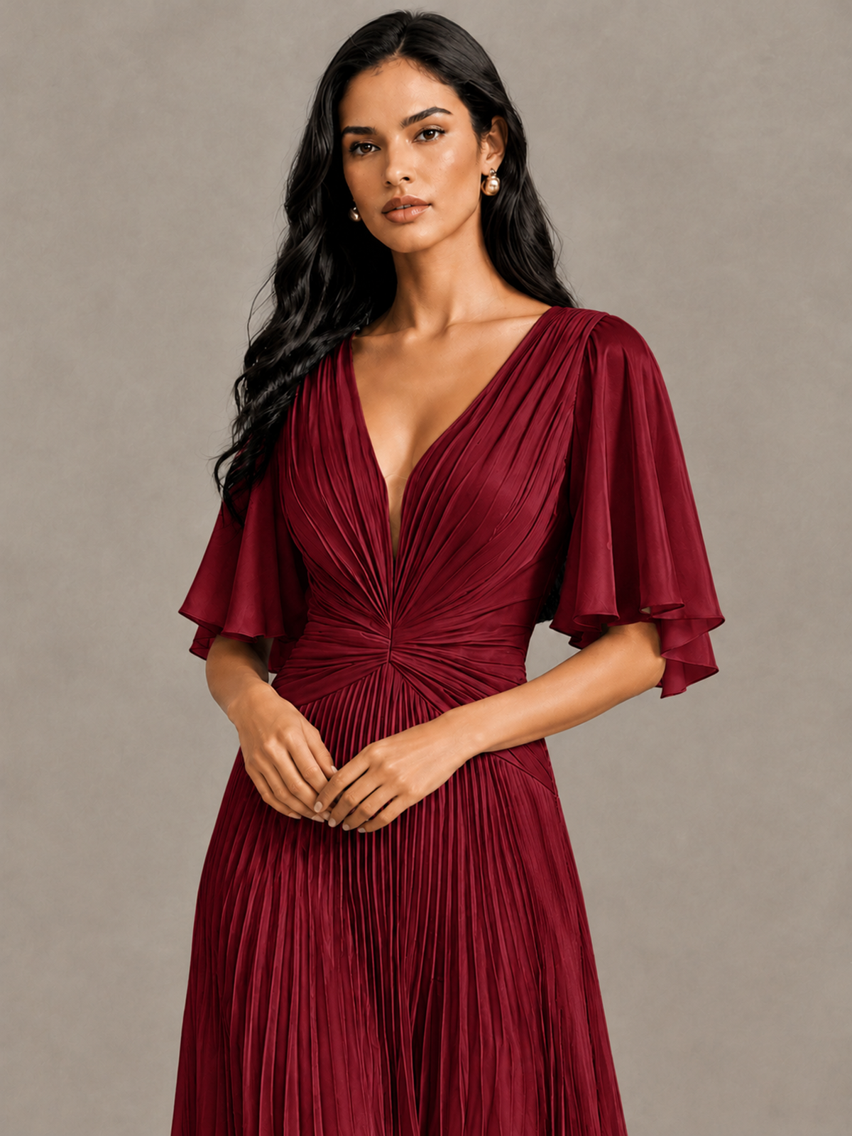 BOLODOO Burgundy Pleated V-Neck Flutter Sleeve Bridesmaid Dress - Burgundy - Burgundy (4)