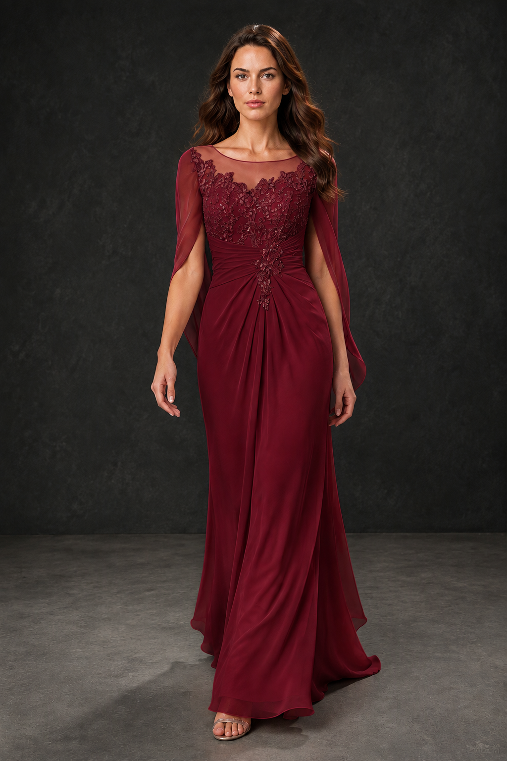 BOLODOO Burgundy Illusion Lace One-Side Cape Sleeve Beaded Chiffon Floor Length Gown | Mother of the Bride Evening Dress - Burgundy