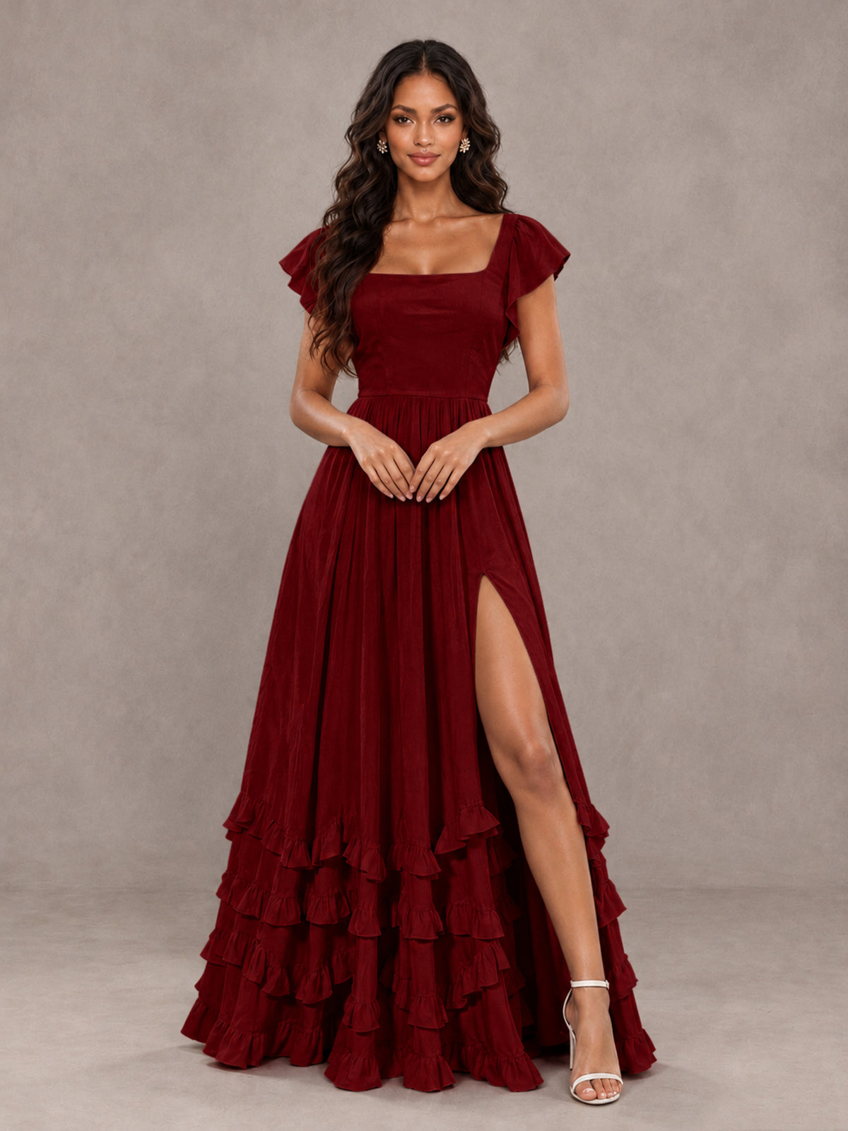 BOLODOO Burgundy Flutter Sleeve Ruffle Bridesmaid Dress with Slit - Burgundy - Burgundy (4)