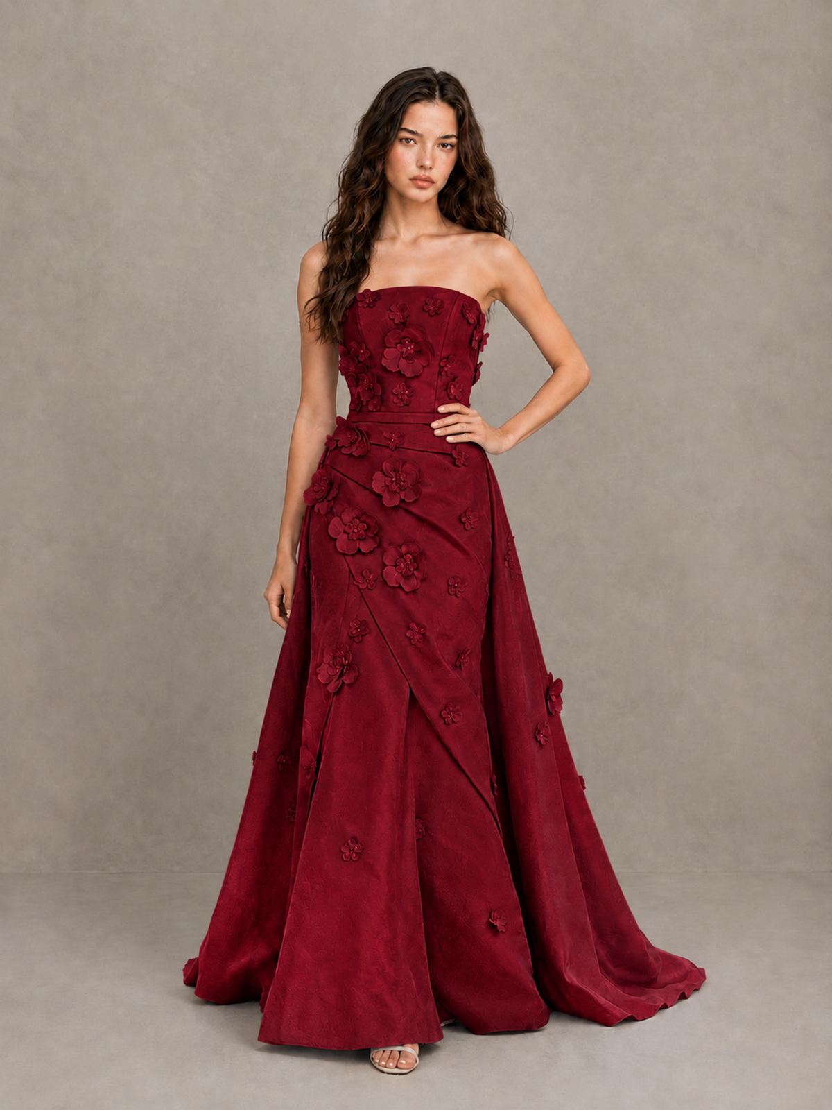 BOLODOO Burgundy Strapless 3D Floral Applique Prom Gown with Draped Skirt - Burgundy - Burgundy (4)