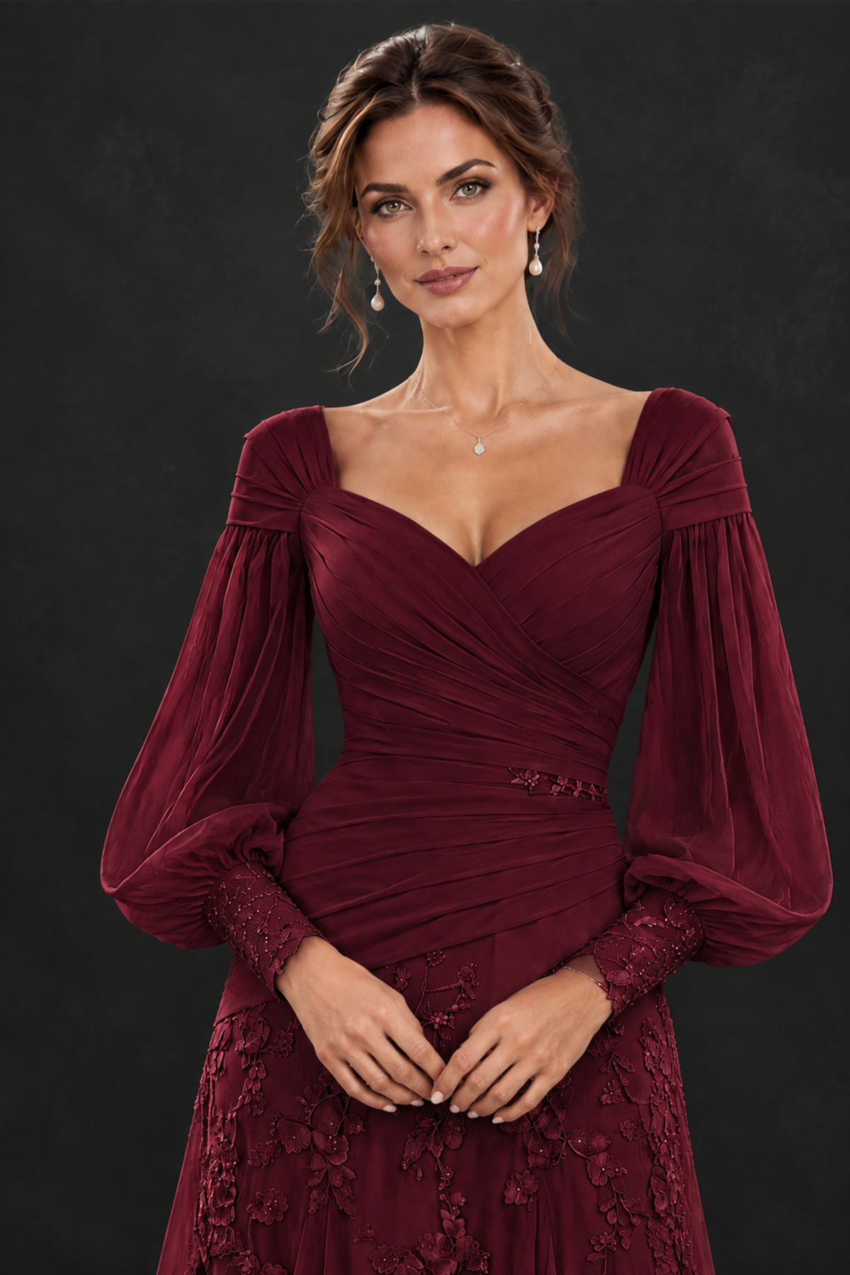 BOLODOO Burgundy Long Sleeve Mother of the Bride Dress with Floral Appliqués - Burgundy - Burgundy (5)