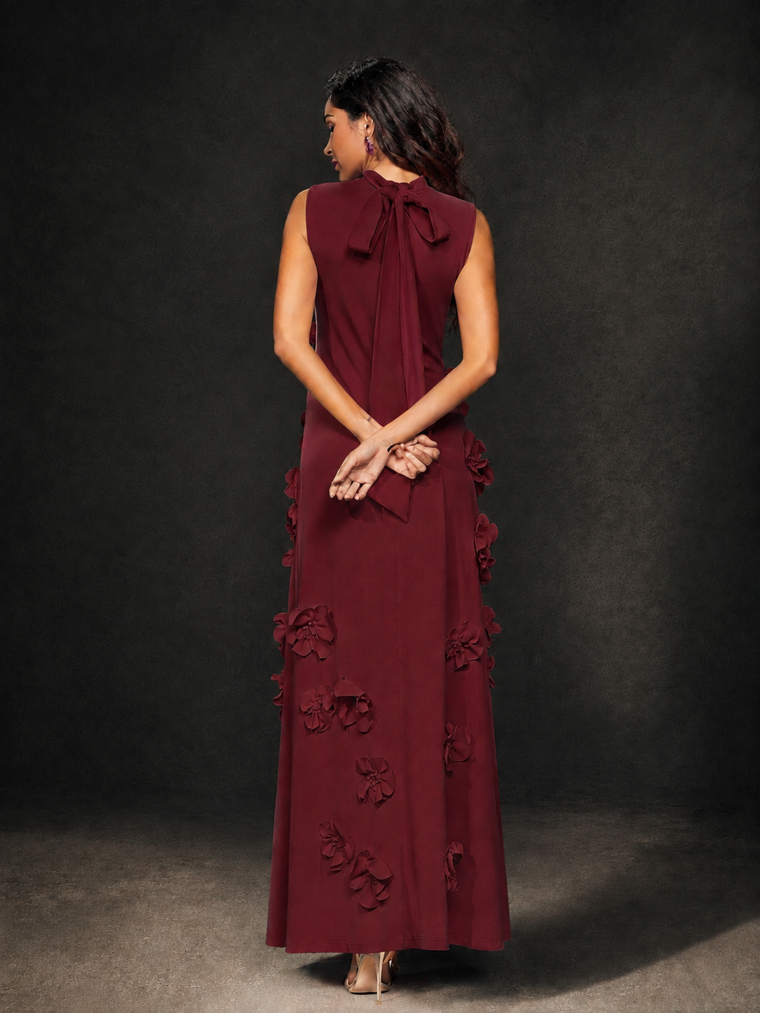 BOLODOO Burgundy Mock Neck Sleeveless 3D Floral Appliqué Maxi Dress with Bow Back - Burgundy