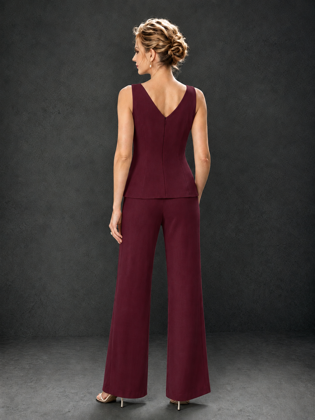 BOLODOO Burgundy 3-Piece Mother of the Bride Pant Suit with Beaded Top & Chiffon Jacket - Burgundy