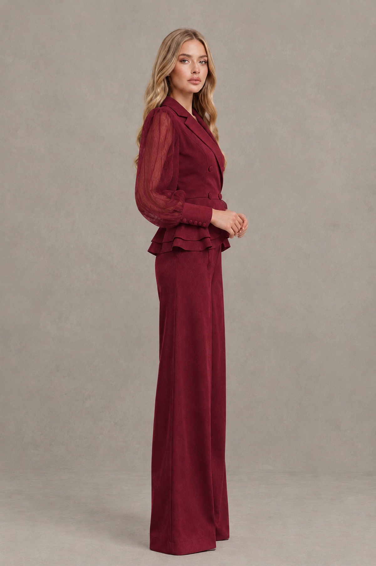 BOLODOO Mint Burgundy Peplum Blazer Wide-Leg Pantsuit with Sheer Puff Sleeves - Burgundy