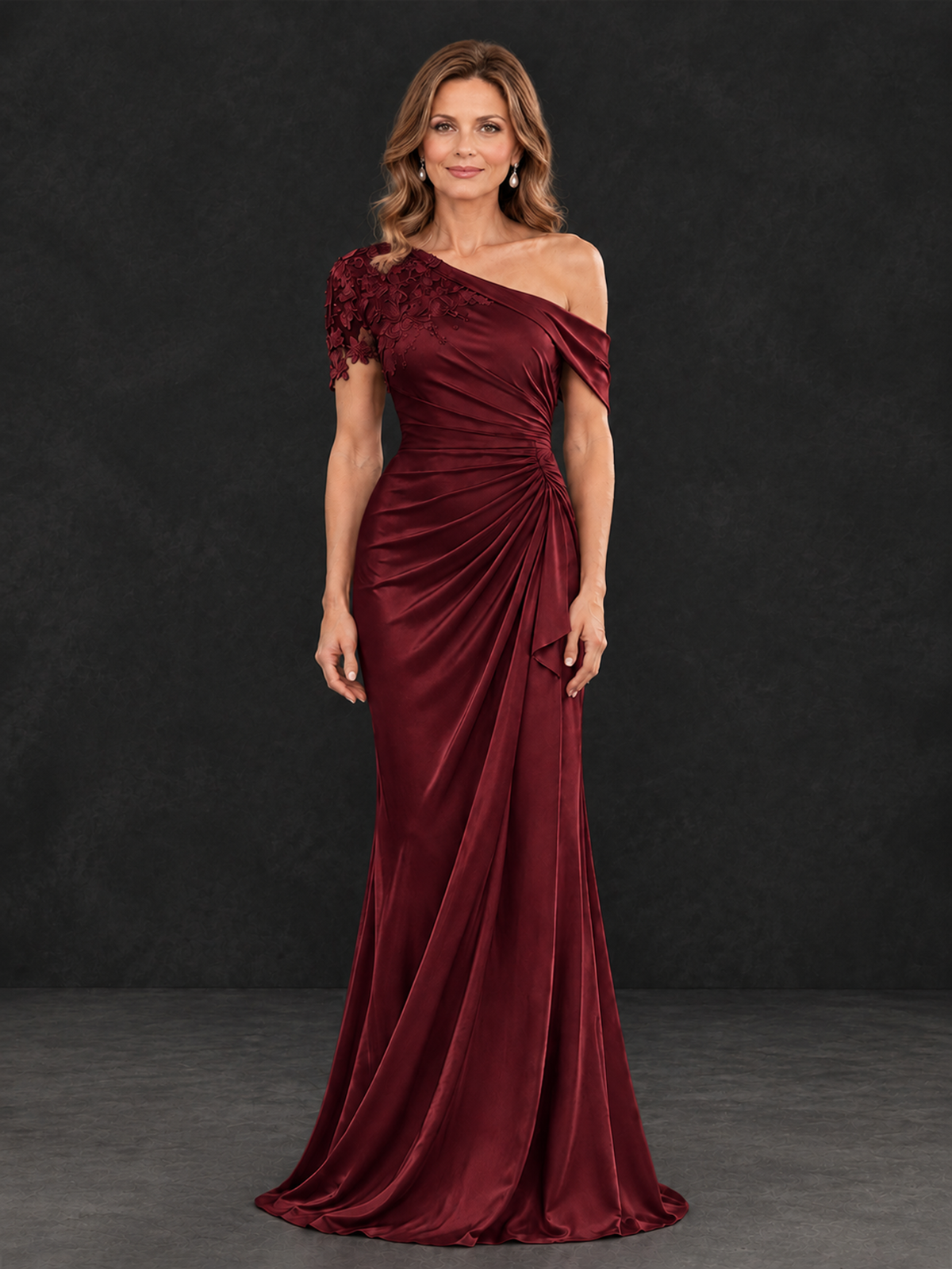 BOLODOO Burgundy Asymmetric Satin Mother of the Bride Dress with Lace Sleeve - Burgundy - Burgundy  (1)