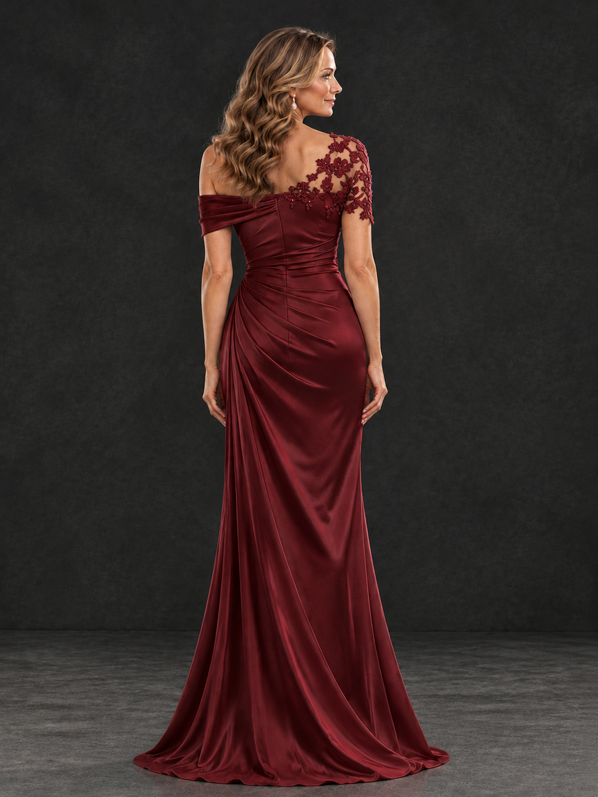 BOLODOO Burgundy Asymmetric Satin Mother of the Bride Dress with Lace Sleeve - Burgundy - Burgundy  (2)