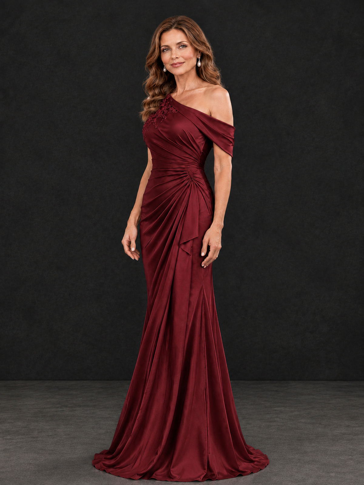 BOLODOO Burgundy Asymmetric Satin Mother of the Bride Dress with Lace Sleeve - Burgundy - Burgundy  (3)