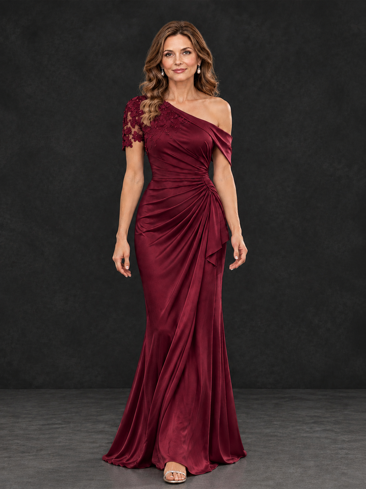 BOLODOO Burgundy Asymmetric Satin Mother of the Bride Dress with Lace Sleeve - Burgundy - Burgundy  (4)