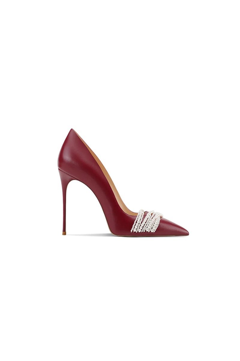 Burgundy Leather Upper Pearl Mid Heel Pumps - BOLODOO