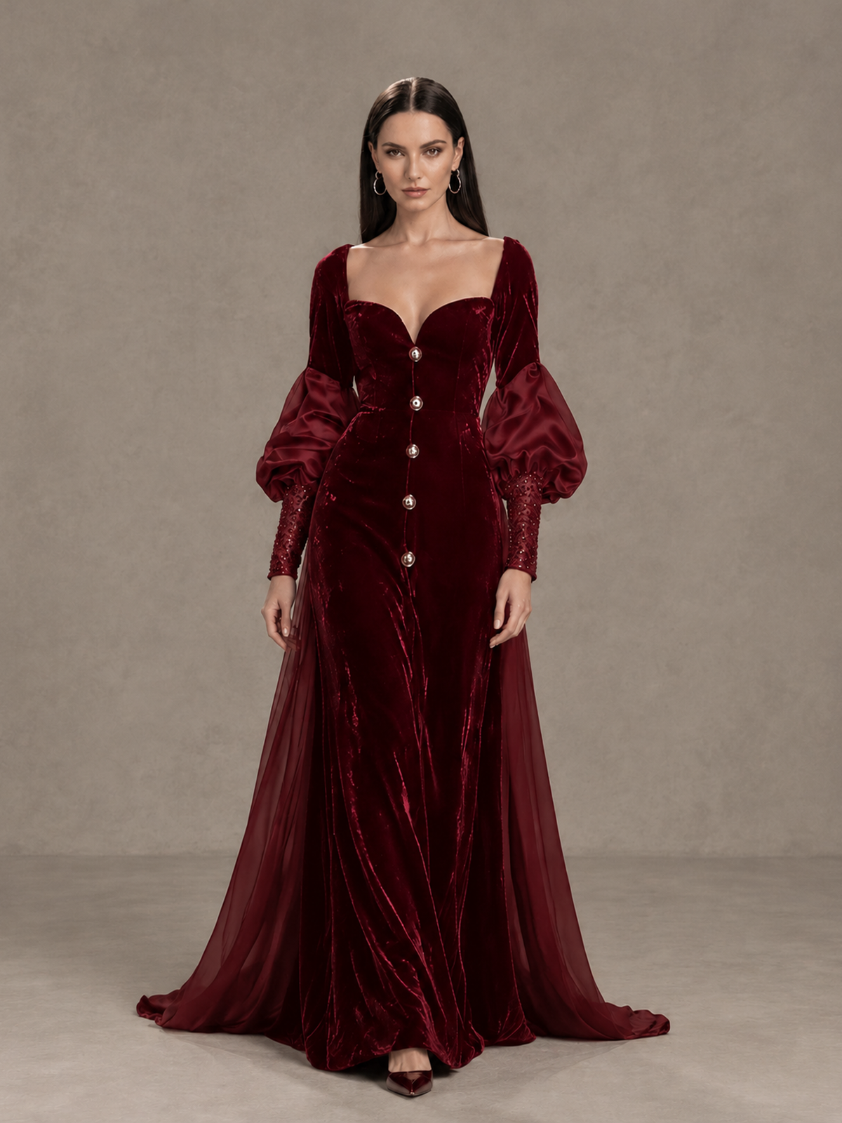 BOLODOO Burgundy Velvet Long Sleeve Open-Back Evening Gown 
