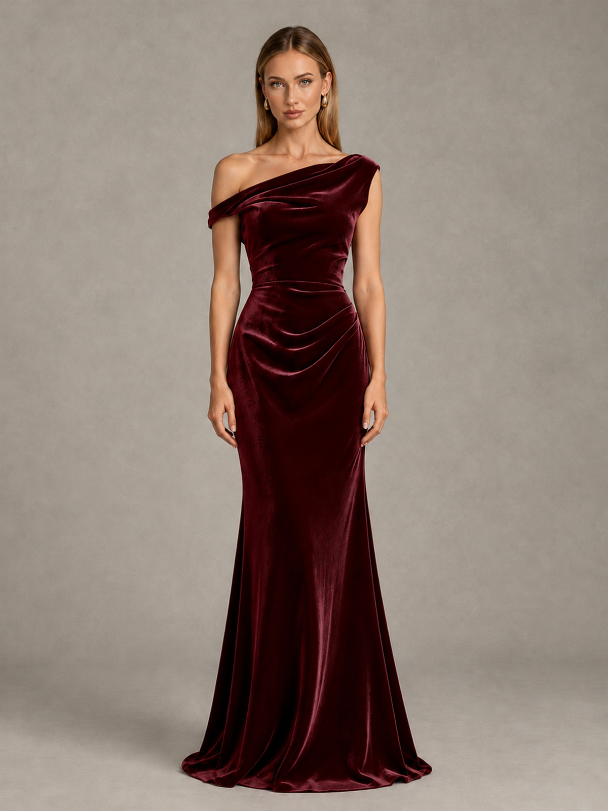 BOLODOO burgundy one-shoulder velvet mermaid evening gown front view